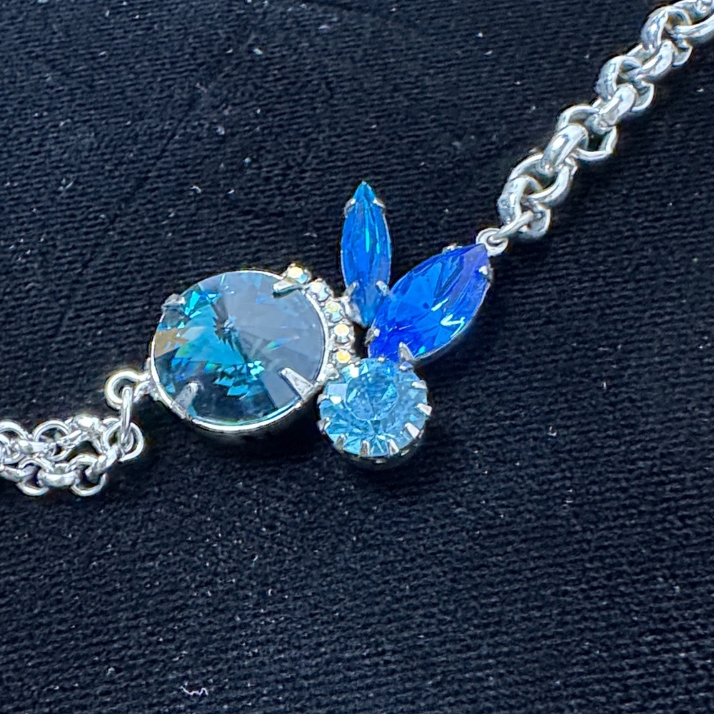 JOOMI LIM Silver Necklace Blue Crystal Accents Asymmetrical Double Chain‎ Goth